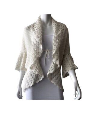Cache Ivory Mohair Blend Open Front Shawl With Bell Sleeves & Scalloped Trim